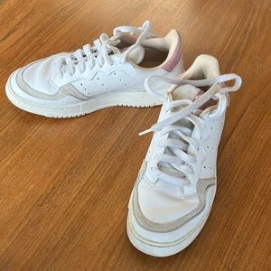 Adidas white and pink Super Court leather sneakers